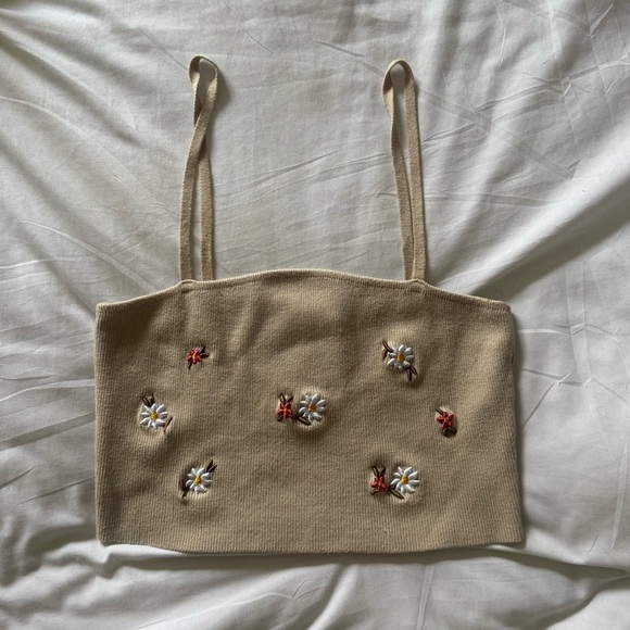 Forever 21 Tops - Forever 21 Knitted Crop tank top with embroided flower details | tan | Small
